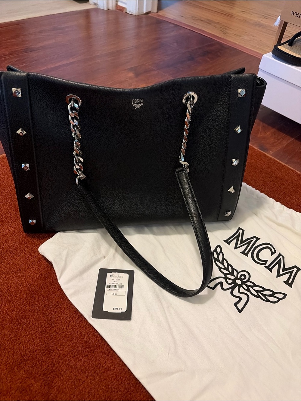 MCM Black Pebbled Leather Studded Chain-Handle Shoulder Tote
